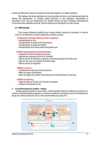 Gestion de la production EP 04 37
nombre de références n’est pas trop élevé et la demande régulière ou à faibles variations.
Elle implique, des temps opératoires sur tous les postes de travail, une maintenance préventive
efficace des équipements, un contrôle qualité performant et des opérateurs responsables et
polyvalents. C’est dire que l’implantation d’un système Kanban est pour l’entreprise l’aboutissement
d’une réforme des méthodes de travail, réforme inspirée par la philosophie du juste à temps.
2.3. Méthodologie :
Pour chaque référence travaillée et pour chaque chaînon concerné du processus, la mise en
route d’un enchaînement Kanban s’établit de la manière suivante :
1-Collecter les données relatives au flux à organiser :
- caractéristiques du flux.
- caractéristiques du poste amont (fournisseur).
- caractéristiques du poste aval (client).
- caractéristiques de la liaison poste amont-poste aval.
2-Definir les paramètres de fonctionnement :
- capacité et nombre de machines par poste.
- capacité des conteneurs (lot mini de transfert).
- taille du lot mini de fabrication autorisant un lancement (position de l’index vert).
- taille de l’en-cours mini (position de l’index rouge).
- taille du tampon de régulation.
3-Mettre en œuvre :
- confectionner le planning d’ordonnancement.
- définir le contenu des kanbans.
- définir les règles de circulation des kanbans et de fonctionnement du planning.
4-Affiner le planning :
- régler les index en fonction de l’évolution du système.
- améliorer l’écoulement du flux.
3. Le fonctionnement du système kanban
Kanban signifie étiquette (ou carte visible). A cette étiquette indiquant la référence du produit et un
nombre d’unités fabriquées est associé un conteneur standard de manutention servant à transporter les
pièces de l’unité de production (P2) à l’unité consommatrice du produit (P1).
P1
P2
 