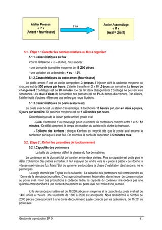 Gestion de la production EP 04 41
5.1. Étape 1 : Collecter les données relatives au flux à organiser
5.1.1.Caractéristiques au flux
Pour la référence « R » étudiée, nous avons :
- une demande journalière moyenne de 18 200 pièces ;
- une variation de la demande : + ou – 12%
5.1.2.Caractéristiques du poste amont (fournisseur)
Le poste amont P est un atelier comportant 3 presses à injecter dont la cadence moyenne de
chacune est de 500 pièces par heure. L’atelier travaille en 2 ×
×
×
× 8h ,5 jours par semaine. Le temps de
changement d’outillages est de 20 minutes. De ce fait deux changements d’outillage ne peuvent être
simultanés. Les taux d’aléas de l’ensemble des presses est de 8% du temps d’ouverture. Par ailleurs,
l’atelier traite d’autres références que celles que nous étudions.
5.1.3.Caractéristiques du poste aval (client)
Le poste aval M est un atelier d’assemblage. Il fonctionne 13 heures par jour en deux équipes,
5 jours par semaine. Sa cadence moyenne est de 1 400 unités par heure.
Caractéristiques de la liaison poste amont, poste aval
- Délai d’obtention d’un convoyage pour un nombre de conteneurs compris entre 1 et 5 : 12
minutes. Ce délai comprend le temps de réaction du cariste et la durée du transport.
- Collecte des kanbans : chaque Kanban est recyclé dés que le poste aval entame le
conteneur sur lequel il était fixé. On estimera la durée de l’opération à 5 minutes max.
5.2. Etape 2 : Définir les paramètres de fonctionnement
5.2.1.Capacités des conteneurs
La taille du conteneur définit la vitesse du flux de matières.
Le conteneur est le plus petit lot de transfert entre deux ateliers. Plus sa capacité est petite plus le
délai d’obtention des pièces est faible. Il faut essayer de tendre vers le « pièce à pièce » qui donne la
vitesse maximale au flux. Mais l’état du système, surtout dans la phase d’installation des kanbans, ne le
permet pas.
La règle donnée par Toyota est la suivante : La capacité des conteneurs doit correspondre au
10ème de la demande journalière. C'est approximativement l'équivalent d'une heure de consommation
au poste aval. Pour des productions à cadence faible, la capacité du conteneur n'excédera pas une
quantité correspondant à une durée d'écoulement au poste aval de l'ordre d'une journée.
Ici la demande journalière est de 18 200 pièces en moyenne et la capacité du poste aval est de
1400 unités à l'heure. Une fourchette de 1500 à 2500 est acceptable. Nous retiendrons le nombre de
2000 pièces correspondant à une durée d'écoulement, jugée correcte par les opérateurs, de 1h 26' au
poste aval.
Atelier Presses
« P »
(Amont = fournisseur)
Atelier Assemblage
« M »
(Aval = client)
Flux
 