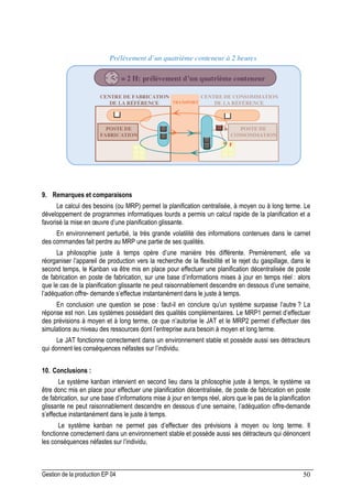 Gestion de la production EP 04 50
9. Remarques et comparaisons
Le calcul des besoins (ou MRP) permet la planification centralisée, à moyen ou à long terme. Le
développement de programmes informatiques lourds a permis un calcul rapide de la planification et a
favorisé la mise en œuvre d’une planification glissante.
En environnement perturbé, la très grande volatilité des informations contenues dans le carnet
des commandes fait perdre au MRP une partie de ses qualités.
La philosophie juste à temps opère d’une manière très différente. Premièrement, elle va
réorganiser l’appareil de production vers la recherche de la flexibilité et le rejet du gaspillage, dans le
second temps, le Kanban va être mis en place pour effectuer une planification décentralisée de poste
de fabrication en poste de fabrication, sur une base d’informations mises à jour en temps réel : alors
que le cas de la planification glissante ne peut raisonnablement descendre en dessous d’une semaine,
l’adéquation offre- demande s’effectue instantanément dans le juste à temps.
En conclusion une question se pose : faut-il en conclure qu’un système surpasse l’autre ? La
réponse est non. Les systèmes possédant des qualités complémentaires. Le MRP1 permet d’effectuer
des prévisions à moyen et à long terme, ce que n’autorise le JAT et le MRP2 permet d’effectuer des
simulations au niveau des ressources dont l’entreprise aura besoin à moyen et long terme.
Le JAT fonctionne correctement dans un environnement stable et possède aussi ses détracteurs
qui donnent les conséquences néfastes sur l’individu.
10. Conclusions :
Le système kanban intervient en second lieu dans la philosophie juste à temps, le système va
être donc mis en place pour effectuer une planification décentralisée, de poste de fabrication en poste
de fabrication, sur une base d’informations mise à jour en temps réel, alors que le pas de la planification
glissante ne peut raisonnablement descendre en dessous d’une semaine, l’adéquation offre-demande
s’effectue instantanément dans le juste à temps.
Le système kanban ne permet pas d’effectuer des prévisions à moyen ou long terme. Il
fonctionne correctement dans un environnement stable et possède aussi ses détracteurs qui dénoncent
les conséquences néfastes sur l’individu.
 