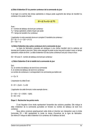 Gestion de la production EP 04 56
a) Délai d'obtention D1 du premier conteneur de la commande du jour
Il est égal à la somme des temps opératoires à chaque poste augmenté des temps de transfert du
conteneur d'un poste à l'autre :
D1 = (Σ
Σ
Σ
Σ Tu x X) + (Σ
Σ
Σ
Σ TT)
Avec :
X = nombre de tableaux de bord par conteneur
Tu = temps opératoire unitaire moyen par poste
TT = temps de transfert d'un conteneur
L'application à notre exemple donne en comptant 3 transferts de conteneur :
D1 = (6 + 3 + 4 + 2)X + (4 x 3)
D1 = 15X + 12
b) Délai d'obtention des autres conteneurs de la commande du jour
La ligne de fabrication proposée est analogue à une chaîne transfert dont la cadence est
donnée par le poste le plus lent. Dans notre exemple le poste le plus long est le poste A avec un temps
opératoire unitaire de 6min. Le délai d'obtention D2 des autres conteneurs est pour chacun d'eux :
D2 = 6X avec X : nombre de tableaux de bord par conteneur
c) Délai d'obtention D de la totalité de la commande du jour
Soit :
Co, le nombre de tableaux de bord d'une commande
X, le nombre de tableaux de bord d'un conteneur
Le nombre de conteneurs n correspondant à la commande journalière est :
n = Co / X
L'expression du délai D est :
D = D1 + (Co/X - 1) x D2
L'application de cette formule à notre exemple donne :
D = 15X + 12 + (100/X - 1)(6X)
D = 9X + 612
Etape 3 : Rechercher les points morts
D est l'équation d'une droite représentant l'ensemble des solutions possibles. Elle indique le
délai d'obtention de la commande journalière en fonction du nombre de tableaux de bord d'un
conteneur.
Nous allons construire graphiquement cette droite et chercher son intersection avec la droite
horizontale D3 = 840 représentant la durée du temps d'ouverture de la ligne de fabrication.
De même D1 indique le délai d'obtention d'un conteneur de X tableaux de bord.
 