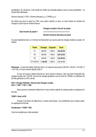 Gestion de la production EP 04 67
pondération. En revanche, il est simple de vérifier les résultats globaux avec et sans pondération : ils
doivent être identiques.
Somme (Heures) x THO = Somme (HeuresPOSTE x THOPPOSTE)
De même que pour le calcul du THO, nous allons calculer un taux, un seuil horaire en divisant les
charges à couvrir par le nombre d'heure:
Charges Locales à Couvrir du poste
Seuil horaire du poste = --------------------------------------------------
Nombre d'heures facturées du poste
Ce seuil représente donc un minimum de facturation qui couvre juste les charges locales du poste. On
obtient:
Poste Charges Capacité Seuil
P1 295 K€ 1 600 h 184.38 €/h
P2 365 K€ 1 500 h 243.33 €/h
P3 440 K€ 1 400 h 314.29 €/h
P1+P2+P3 1 100 K€ 4 500 h 244.44 €/h
Remarque : le seuil de l'atelier (244.44) n'est ni la moyenne des seuils ((184.38 + 243.33 + 314.29) / 3
= 247.33), ni le taux horaire objectif (338) !!!
Si tous les travaux étaient facturés au seuil calculé ci-dessus, cela couvrirait l'ensemble des
charges locales soit 1100 K€. Comme les charges globales à couvrir sont de 1520K€, le coefficient dit
de frais généraux ou kFG, est de:
kFG = Charges Globales / Somme des Charges Locales
kFG = 1 520 / 1 100 = 1.382
Nous pouvons maintenant déterminer le taux horaire objectif de chaque poste en appliquant la
formule:
THOP = Seuil x kFG
Ensuite il est facile de déterminer un poids économique, une pondération pour chaque poste,
en appliquant la formule:
Pondération = THOP / THO
Voici les résultats pour notre exemple :
 