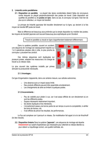 Gestion de la production EP 04 89
2. Linéarité contre parallélisme
2.1. Disposition en parallèle La plupart des lignes occidentales étaient faites de convoyeurs
contre lesquels on plaçait perpendiculairement des postes de travail. Cette disposition est
qualifiée de parallèle ou de postes en épis. Dans ce cas, le convoyeur (la ligne) n'est rien de
plus qu'un collecteur, un moyen de transfert.
Le principe de linéarité japonaise fait travailler directement sur la ligne, qui devient à la fois
moyen de transfert ET poste de travail.
Mais la différence est beaucoup plus profonde que la simple disposition du mobilier des postes;
les moyens de transfert japonais sont souvent beaucoup plus sophistiqués qu'en Occident
Travail en parallèle ou travail en ligne s'appréhendent totalement différemment.
Dans le système parallèle, courant en occident,
une séquence de montage est classiquement répartie sur
1 à 3 opératrices placées côte à côte, la plus proche du
convoyeur y poussant leur produit.
Ces mêmes séquences sont dupliquées sur
plusieurs postes, adaptant les ressources à la charge de
travail ou la vitesse visée.
Le plus souvent des systèmes incitatifs par primes
stimulent la productivité individuelle.
2.1.1.Avantages :
Ce type d'organisation s'apparente, dans une certaine mesure, aux cellules autonomes;
o Une absence aura un impact assez limité.
o Des produits différents peuvent être assemblés simultanément.
o Les changements de série se limitent à quelques postes.
2.1.2.Inconvénients :
o Peu de visibilité pour piloter à vue, car il est assez difficile de voir directement où en
sont les différents postes,
o Espace nécessaire relativement important,
o les stocks dupliqués et les interstocks,
o L'encadrement passe une bonne partie de son temps à suivre la comptabilité, à vérifier
les bons de travaux, etc.
o Il est difficile de prévoir les résultats, les performances.
Le flux est complexe car il parcourt un réseau. Sa modélisation fait appel à la loi de Kirschhoff
(loi des noeuds).
2.2. Disposition linéaire Dans le système japonais, une séquence de montage est répartie
linéairement sur autant d'opératrices que nécessaire pour atteindre la vitesse désirée ou
pour obtenir un équilibrage correct, une qualité maîtrisée, etc.
 