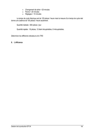 Gestion de la production EP 04 98
• Changement de série = 20 minutes
• Panne = 20 minutes
• Réglages = 10 minutes
Le temps de cycle théorique est de 120 pièces / heure mais la mesure d'un temps de cycle réel
donne une cadence de 100 pièces / heure seulement.
Quantité réalisée : 600 pièces / jour
Quantité rejetée : 18 pièces, 12 étant récupérables, 6 irrécupérables.
Déterminer les différents indicateurs et le TRS
8. L’efficience
 