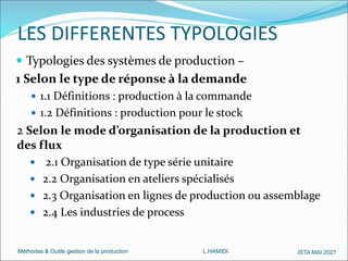 Méthodes & Outils gestion de la production L.HAMIDI ISTA MAI 2021
LES DIFFERENTES TYPOLOGIES
 Typologies des systèmes de production –
1 Selon le type de réponse à la demande
 1.1 Définitions : production à la commande
 1.2 Définitions : production pour le stock
2 Selon le mode d’organisation de la production et
des flux
 2.1 Organisation de type série unitaire
 2.2 Organisation en ateliers spécialisés
 2.3 Organisation en lignes de production ou assemblage
 2.4 Les industries de process
 