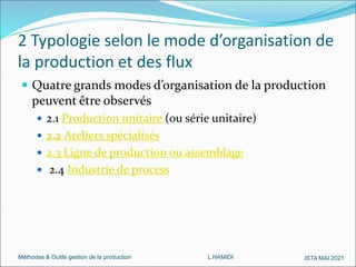Méthodes & Outils gestion de la production L.HAMIDI ISTA MAI 2021
2 Typologie selon le mode d’organisation de
la production et des flux
 Quatre grands modes d’organisation de la production
peuvent être observés
 2.1 Production unitaire (ou série unitaire)
 2.2 Ateliers spécialisés
 2.3 Ligne de production ou assemblage
 2.4 Industrie de process
 