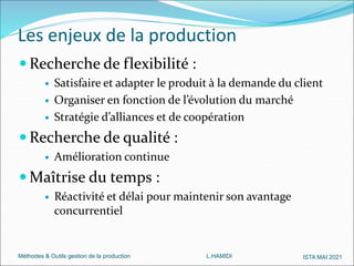 Méthodes & Outils gestion de la production L.HAMIDI ISTA MAI 2021
Les enjeux de la production
 Recherche de flexibilité :
 Satisfaire et adapter le produit à la demande du client
 Organiser en fonction de l’évolution du marché
 Stratégie d’alliances et de coopération
 Recherche de qualité :
 Amélioration continue
 Maîtrise du temps :
 Réactivité et délai pour maintenir son avantage
concurrentiel
 