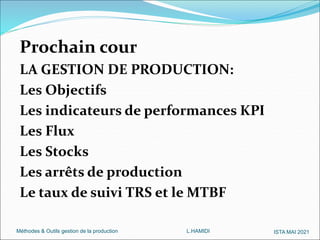 Méthodes & Outils gestion de la production L.HAMIDI ISTA MAI 2021
Prochain cour
LA GESTION DE PRODUCTION:
Les Objectifs
Les indicateurs de performances KPI
Les Flux
Les Stocks
Les arrêts de production
Le taux de suivi TRS et le MTBF
 
