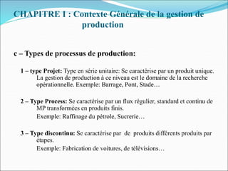 CHAPITRE I : Contexte Générale de la gestion de
production
c – Types de processus de production:
1 – type Projet: Type en série unitaire: Se caractérise par un produit unique.
La gestion de production à ce niveau est le domaine de la recherche
opérationnelle. Exemple: Barrage, Pont, Stade…
2 – Type Process: Se caractérise par un flux régulier, standard et continu de
MP transformées en produits finis.
Exemple: Raffinage du pétrole, Sucrerie…
3 – Type discontinu: Se caractérise par de produits différents produits par
étapes.
Exemple: Fabrication de voitures, de télévisions…
 