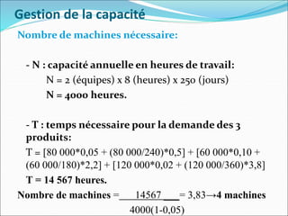 Gestion de la capacité
Nombre de machines nécessaire:
- N : capacité annuelle en heures de travail:
N = 2 (équipes) x 8 (heures) x 250 (jours)
N = 4000 heures.
- T : temps nécessaire pour la demande des 3
produits:
T = [80 000*0,05 + (80 000/240)*0,5] + [60 000*0,10 +
(60 000/180)*2,2] + [120 000*0,02 + (120 000/360)*3,8]
T = 14 567 heures.
Nombre de machines = 14567 ___= 3,83→4 machines
4000(1-0,05)
 