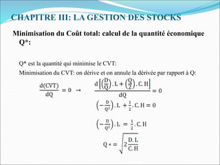 CHAPITRE III: LA GESTION DES STOCKS
Minimisation du Coût total: calcul de la quantité économique
Q*:
Q* est la quantité qui minimise le CVT:
Minimisation du CVT: on dérive et on annule la dérivée par rapport à Q:
 