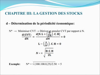 CHAPITRE III: LA GESTION DES STOCKS
d – Détermination de la périodicité économique:
N* → Minimiser CVT → Dériver et annuler CVT par rapport à N.
________________
Exemple: N* = √ (100.100.0,25)/2.50 = 5
 