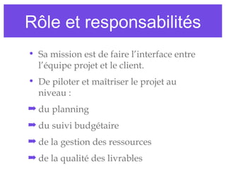 Rôle et responsabilités
• Sa mission est de faire l’interface entre
l’équipe projet et le client.
• De piloter et maîtriser le projet au
niveau :
➡ du planning
➡ du suivi budgétaire
➡ de la gestion des ressources
➡ de la qualité des livrables
 