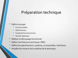 Préparation technique
• Définir le projet
• Fonctionnalités
• Performances
• Sureté de fonctionnement
• Soutien logistique...