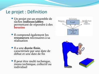 Le projet : Définition
 Un projet est un ensemble de
tâches indissociables
permettant de répondre à des
besoins
 Il comprend également les
ressources nécessaires à sa
réalisation
 Il a une durée finie,
caractérisée par une date de
début et une date de fin
 Il peut être multi technique,
mono technique, collectif ou
individuel
Projet
 