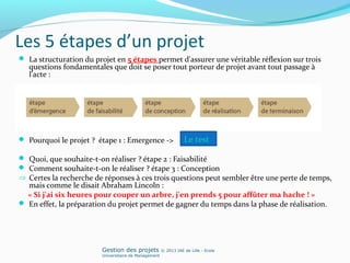 Les 5 étapes d’un projet
 La structuration du projet en 5 étapes permet d'assurer une véritable réflexion sur trois
questions fondamentales que doit se poser tout porteur de projet avant tout passage à
l'acte :
 Pourquoi le projet ? étape 1 : Emergence ->
 Quoi, que souhaite-t-on réaliser ? étape 2 : Faisabilité
 Comment souhaite-t-on le réaliser ? étape 3 : Conception
⇒ Certes la recherche de réponses à ces trois questions peut sembler être une perte de temps,
mais comme le disait Abraham Lincoln :
« Si j'ai six heures pour couper un arbre, j'en prends 5 pour affûter ma hache ! »
 En effet, la préparation du projet permet de gagner du temps dans la phase de réalisation.
Gestion des projets © 2013 IAE de Lille - Ecole
Universitaire de Management
Le test
 