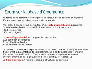Zoom sur la phase d’émergence
Au terme de la démarche d'émergence, le porteur d'idée doit être en capacité
d'argumenter son idée dans un contexte de projet.
Pour cela, il structure son idée autour d'une note d'opportunité qui reprend
l'ensemble des éléments travaillés durant cette phase à partir de :
• La bête à cornes
• L'arbre d'objectifs
La note d'opportunité se compose de trois parties :
1.La définition du contexte
2.Les objectifs attendus
3.Les orientations de l'action
La définition du contexte exprime le besoin, le public cible et ce sur quoi il convient
d'agir. C'est la présentation de la problématique à partir de laquelle il importe
d'apporter une amélioration. C'est aussi le moment d'exprimer les causes
environnementales qui expliquent ce besoin (juridiques, légales,...)
La bête à cornes est l'outil qui aidera à structurer ce contexte.
 
