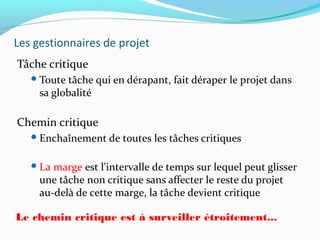 Les gestionnaires de projet
Tâche critique
Toute tâche qui en dérapant, fait déraper le projet dans
sa globalité
Chemin critique
Enchaînement de toutes les tâches critiques
La marge est l'intervalle de temps sur lequel peut glisser
une tâche non critique sans affecter le reste du projet
au-delà de cette marge, la tâche devient critique
Le chemin critique est à surveiller étroitement...
 