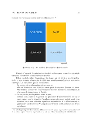 10.3. SUIVRE LES RISQUES 143
exemple en s’appuyant sur la matrice d’Eisenhower 16
:
Urgent
Important
ELIMINER PLANIFIER
DELEGUER FAIRE
Figure 10.6 – La matrice de décision d’Einsenhower.
Il s’agit d’un outil de priorisation simple à utiliser pour peu qu’on ait pris le
temps de caractériser correctement les risques.
Il faut en eﬀet évaluer l’importance du risque, qui est liée à sa gravité poten-
tielle, et son urgence, c’est-à-dire le délai sous lequel ses conséquences vont nuire
au Projet. On aura alors quatre possibilités :
— Le risque est peu important et peu urgent.
On est alors dans une situation où on peut simplement ignorer cet aléas.
On décide d’assumer les conséquences s’il devait ﬁnalement se conﬁrmer. Il
n’y a pas de danger pour le Projet.
— Le risque est peu important mais urgent.
Il faut alors déléguer la gestion du problème. L’imminence fait qu’on ne
peut espérer que la situation s’améliore progressivement, mais il serait trop
coûteux au vu des bénéﬁces espérés de se consacrer à sa résolution(se si-
gniﬁant ici soit le chef de Projet personnellement, soit l’équipe ou un de ses
membres).
16. Développée à partir d’une citation d’Einsenhower : Ce qui est important est rarement urgent
et ce qui est urgent rarement important. Je ne sais pas s’il a personnellement utilisé l’outil.
 