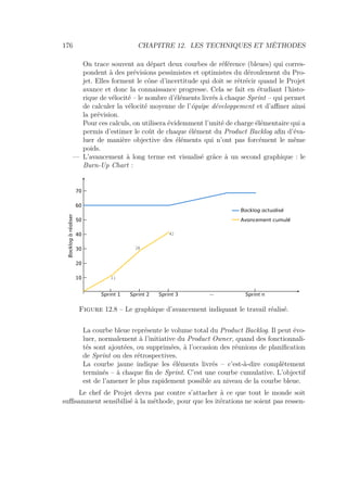 176 CHAPITRE 12. LES TECHNIQUES ET MÉTHODES
On trace souvent au départ deux courbes de référence (bleues) qui corres-
pondent à des prévisions pessimistes et optimistes du déroulement du Pro-
jet. Elles forment le cône d’incertitude qui doit se rétrécir quand le Projet
avance et donc la connaissance progresse. Cela se fait en étudiant l’histo-
rique de vélocité – le nombre d’éléments livrés à chaque Sprint – qui permet
de calculer la vélocité moyenne de l’équipe développement et d’aﬃner ainsi
la prévision.
Pour ces calculs, on utilisera évidemment l’unité de charge élémentaire qui a
permis d’estimer le coût de chaque élément du Product Backlog aﬁn d’éva-
luer de manière objective des éléments qui n’ont pas forcément le même
poids.
— L’avancement à long terme est visualisé grâce à un second graphique : le
Burn-Up Chart :
10
20
30
40
50
60
70
Backlogàréaliser
Sprint 1 Sprint 2 Sprint 3 Sprint n...
Backlog actualisé
Avancement cumulé
11
28
42
Figure 12.8 – Le graphique d’avancement indiquant le travail réalisé.
La courbe bleue représente le volume total du Product Backlog. Il peut évo-
luer, normalement à l’initiative du Product Owner, quand des fonctionnali-
tés sont ajoutées, ou supprimées, à l’occasion des réunions de planiﬁcation
de Sprint ou des rétrospectives.
La courbe jaune indique les éléments livrés – c’est-à-dire complètement
terminés – à chaque ﬁn de Sprint. C’est une courbe cumulative. L’objectif
est de l’amener le plus rapidement possible au niveau de la courbe bleue.
Le chef de Projet devra par contre s’attacher à ce que tout le monde soit
suﬃsamment sensibilisé à la méthode, pour que les itérations ne soient pas ressen-
 
