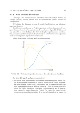 2.2. QUELQUES DÉTAILS PAS ANODINS 13
2.2.1 Une histoire de courbes
Remarque : les courbes qui sont présentées dans cette section donnent un
exemple (réaliste) d’allure générale mais ne sauraient être étudiées comme des
exemples réels.
L’évolution des dépenses (et donc le coût) d’un Projet est un indicateur
important à suivre.
Les dépenses cumulées sur un Projet augmentent au fur et à mesure qu’il pro-
gresse. Le problème est qu’une grande part de ces dépenses dépend de décisions qui
sont prises tôt au cours du Projet. En eﬀet, dès les phases préliminaires (spéciﬁca-
tion, conception préliminaire/choix de principes), les orientations données peuvent
avoir des conséquences importantes sur les coûts.
Cette situation est expliquée par le graphique suivant :
Temps
Dépenses
Coûts cumulés
Coûts induits par
les décisions
Figure 2.1 – Coûts induits par les décisions et des coûts globaux d’un Projet
La ﬁgure 2.1 appelle quelques commentaires :
— La courbe bleue qui représente les dépenses cumulées engagées sur un Pro-
jet est évidemment croissante au fur et à mesure que le Projet progresse.
On note la forme globale en « S »qui montre que les ressources ﬁnancières
sont engagées lentement en début et en ﬁn de Projet (la préparation et le
début des études nécessitent en général « relativement » peu de moyens,
tout comme les phases ﬁnales du Projet). Par contre, les phases de dé-
veloppement et production (milieu de la courbe) demandent un apport en
 