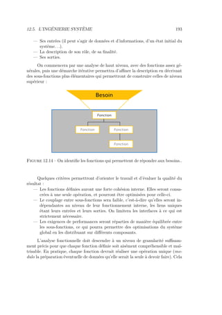 12.5. L’INGÉNIERIE SYSTÈME 193
— Ses entrées (il peut s’agir de données et d’informations, d’un état initial du
système. . .).
— La description de son rôle, de sa ﬁnalité.
— Ses sorties.
On commencera par une analyse de haut niveau, avec des fonctions assez gé-
nérales, puis une démarche itérative permettra d’aﬃner la description en décrivant
des sous-fonctions plus élémentaires qui permettront de construire celles de niveau
supérieur :
Besoin
Fonction
Fonction
Fonction
Fonction
Figure 12.14 – On identiﬁe les fonctions qui permettent de répondre aux besoins..
Quelques critères permettront d’orienter le travail et d’évaluer la qualité du
résultat :
— Les fonctions déﬁnies auront une forte cohésion interne. Elles seront consa-
crées à une seule opération, et pourront être optimisées pour celle-ci.
— Le couplage entre sous-fonctions sera faible, c’est-à-dire qu’elles seront in-
dépendantes au niveau de leur fonctionnement interne, les liens uniques
étant leurs entrées et leurs sorties. On limitera les interfaces à ce qui est
strictement nécessaire.
— Les exigences de performances seront réparties de manière équilibrée entre
les sous-fonctions, ce qui pourra permettre des optimisations du système
global en les distribuant sur diﬀérents composants.
L’analyse fonctionnelle doit descendre à un niveau de granularité suﬃsam-
ment précis pour que chaque fonction déﬁnie soit aisément compréhensible et maî-
trisable. En pratique, chaque fonction devrait réaliser une opération unique (mo-
dulo la préparation éventuelle de données qu’elle serait la seule à devoir faire). Cela
 