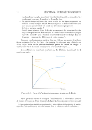 14 CHAPITRE 2. UN PROJET EN PRATIQUE
capitaux beaucoup plus important. C’est habituellement à ce moment qu’in-
terviennent les achats de matière et de production.
— La courbe orange représente les coûts induits par les décisions prises à un
moment donné du cycle Projet. On remarque ici la forme caractéristique
avec un pic qui intervient tôt avant une décroissance progressive.
Qu’est-ce que cela signiﬁe ?
Les décisions prises en début de Projet peuvent avoir des impacts coûts très
importants par la suite. Par exemple, le choix d’une solution technique par
rapport à une autre peut – tout en respectant le cahier des charges dans les
deux cas – entrainer des diﬀérences de coûts énormes 5
.
Ces deux courbes montrent mettent donc en évidence un premier écueil que
devra surmonter le Chef de Projet : la majorité des dépenses sont eﬀectuées en
ﬁn de Projet, mais sur la base de décisions prises en début de Projet. Il
faudra donc éviter de choisir les mauvaises options dès le départ. . .
Les problèmes ne s’arrêtent pourtant pas là. Étudions maintenant les 2
courbes suivantes :
Temps
Connaissance
Possibilités
d'action
Figure 2.2 – Capacité d’action et connaissance acquise sur le Projet
Alors que nous venons de souligner l’importance de la nécessité de prendre
de bonnes décisions en début de projet, la ﬁgure 2.2 nous montre qu’à ce moment
5. Sans parler du loup, les diﬀérentes maisons des 3 petits cochons protègent toutes de la pluie,
mais elles n’ont manifestement pas coûté la même chose en raison des choix de réalisation. . .
 