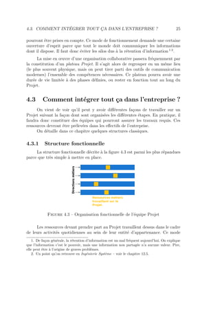 4.3. COMMENT INTÉGRER TOUT ÇA DANS L’ENTREPRISE ? 25
pourront être prises en compte. Ce mode de fonctionnement demande une certaine
ouverture d’esprit parce que tout le monde doit communiquer les informations
dont il dispose. Il faut donc éviter les silos dus à la rétention d’information 1 2
.
La mise en œuvre d’une organisation collaborative passera fréquemment par
la constitution d’un plateau Projet. Il s’agit alors de regrouper en un même lieu
(le plus souvent physique, mais on peut tirer parti des outils de communication
modernes) l’ensemble des compétences nécessaires. Ce plateau pourra avoir une
durée de vie limitée à des phases déﬁnies, ou rester en fonction tout au long du
Projet.
4.3 Comment intégrer tout ça dans l’entreprise ?
On vient de voir qu’il peut y avoir diﬀérentes façons de travailler sur un
Projet suivant la façon dont sont organisées les diﬀérentes étapes. En pratique, il
faudra donc constituer des équipes qui pourront assurer les travaux requis. Ces
ressources devront être prélevées dans les eﬀectifs de l’entreprise.
On détaille dans ce chapitre quelques structures classiques.
4.3.1 Structure fonctionnelle
La structure fonctionnelle décrite à la ﬁgure 4.3 est parmi les plus répandues
parce que très simple à mettre en place.
Directionsmétiers
Ressources métiers
travaillant sur le
Projet.
Figure 4.3 – Organisation fonctionnelle de l’équipe Projet
Les ressources devant prendre part au Projet travaillent dessus dans le cadre
de leurs activités quotidiennes au sein de leur entité d’appartenance. Ce mode
1. De façon générale, la rétention d’information est un mal fréquent aujourd’hui. On explique
que l’information c’est le pouvoir, mais une information non partagée n’a aucune valeur. Pire,
elle peut être à l’origine de graves problèmes.
2. Un point qu’on retrouve en Ingénierie Système – voir le chapitre 12.5.
 