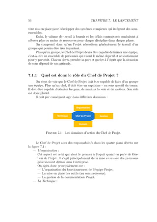 56 CHAPITRE 7. LE LANCEMENT
vent mis en place pour développer des systèmes complexes qui intègrent des sous-
ensembles.
Enﬁn, le volume de travail à fournir et les délais contractuels conduiront à
aﬀecter plus ou moins de ressources pour chaque discipline dans chaque phase.
On comprend donc qu’un Projet nécessitera généralement le travail d’un
groupe qui pourra être très important.
Plus qu’un groupe, le Chef de Projet devra être capable de former une équipe,
c’est-à-dire un ensemble de personnes qui visent le même objectif et se soutiennent
pour y parvenir. Chacun devra prendre sa part et garder à l’esprit que la situation
de tous dépend de son attitude.
7.1.1 Quel est donc le rôle du Chef de Projet ?
On vient de voir que le Chef de Projet doit être capable de faire d’un groupe
une équipe. Plus qu’un chef, il doit être un capitaine – au sens sportif du terme.
Il doit être capable d’orienter les gens, de montrer la voie et de motiver. Son rôle
est donc pluriel.
Il doit par conséquent agir dans diﬀérents domaines :
Chef de Projet
Organisation
Technique Gestion
Humain
Figure 7.1 – Les domaines d’action du Chef de Projet
Le Chef de Projet aura des responsabilités dans les quatre plans décrits sur
la ﬁgure 7.1 :
— L’organisation :
Cet aspect est celui qui vient le premier à l’esprit quand on parle de Ges-
tion de Projet. Il s’agit principalement de la mise en œuvre des processus
généralement déﬁnis dans l’entreprise.
On agira donc principalement sur :
— L’organisation du fonctionnement de l’équipe Projet.
— La mise en place des outils (au sens processus).
— La gestion de la documentation Projet.
— La Technique :
 