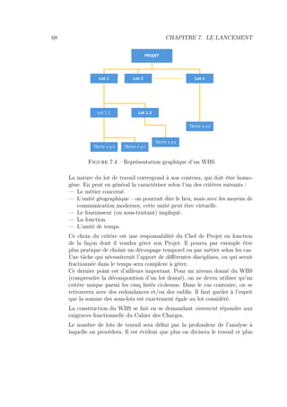 68 CHAPITRE 7. LE LANCEMENT
Figure 7.4 – Représentation graphique d’un WBS.
La nature du lot de travail correspond à son contenu, qui doit être homo-
gène. En peut en général la caractériser selon l’un des critères suivants :
— Le métier concerné.
— L’unité géographique – on pourrait dire le lieu, mais avec les moyens de
communication modernes, cette unité peut être virtuelle.
— Le fournisseur (ou sous-traitant) impliqué.
— La fonction.
— L’unité de temps.
Ce choix du critère est une responsabilité du Chef de Projet en fonction
de la façon dont il voudra gérer son Projet. Il pourra par exemple être
plus pratique de choisir un découpage temporel ou par métier selon les cas.
Une tâche qui nécessiterait l’apport de diﬀérentes disciplines, ou qui serait
fractionnée dans le temps sera complexe à gérer.
Ce dernier point est d’ailleurs important. Pour un niveau donné du WBS
(comprendre la décomposition d’un lot donné), on ne devra utiliser qu’un
critère unique parmi les cinq listés ci-dessus. Dans le cas contraire, on se
retrouvera avec des redondances et/ou des oublis. Il faut garder à l’esprit
que la somme des sous-lots est exactement égale au lot considéré.
La construction du WBS se fait en se demandant comment répondre aux
exigences fonctionnelle du Cahier des Charges.
Le nombre de lots de travail sera déﬁni par la profondeur de l’analyse à
laquelle on procédera. Il est évident que plus on divisera le travail et plus
 