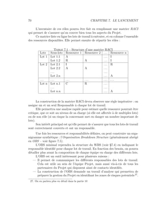 70 CHAPITRE 7. LE LANCEMENT
L’inventaire de ces rôles pourra être fait en remplissant une matrice RACI
qui permet de s’assurer qu’on couvre bien tous les aspects du Projet.
Ce matrice liste en ligne les lots de travail à exécuter, et en colonne l’ensemble
des ressources disponibles. Elle permet ensuite de répartir les rôles :
Table 7.1 – Structure d’une matrice RACI
Lots Sous-lots Ressource 1 Ressource 2 . . . Ressource n
Lot 1 Lot 1.1 A . . . I
Lot 1.2 R A . . . I
Lot 2 Lot 2.1 I . . . R
Lot 2.2 A A . . .
. . . . . .
Lot 2.n . . . A
. . . . . . . . . . . . . . . . . .
Lot n Lot n.1 C R . . .
. . . . . .
Lot n.n . . . A
La construction de la matrice RACI devra observer une règle impérative : on
assigne un et un seul Responsable à chaque lot de travail.
Elle permettra une analyse rapide pour estimer quelle ressource pourrait être
critique, que ce soit au niveau de sa charge (si elle est aﬀectée à de multiples lots)
ou de son rôle (si un risque la concernant met en danger un nombre important de
lots).
Son intérêt principal est qu’elle permet de s’assurer que tous les lots de travail
sont correctement couverts et ont un responsable.
Une fois les ressources et responsabilités déﬁnies, on peut construire un orga-
nigramme synthétique : l’Organisation Breakdown Structure (généralement abrégé
en OBS – voir ﬁgure 7.5).
L’OBS minimal reprendra la structure du WBS (voir §7.4) en indiquant le
responsable identiﬁé pour chaque lot de travail. En fonction des besoin, on pourra
détailler plus avant la composition de chaque équipe en charge des diﬀérents lots.
L’OBS est un outil intéressant pour plusieurs raisons :
— Il permet de communiquer les diﬀérents responsables des lots de travail.
Cela est utile au sein de l’équipe Projet, mais aussi vis-à-vis de tous les
partenaires du Projet qui disposent ainsi de contacts identiﬁés.
— La construction de l’OBS demande un travail d’analyse qui permettra de
préparer la gestion du Projet en identiﬁant les zones de risques potentiels 27
.
27. On en parlera plus en détail dans la partie 10
 