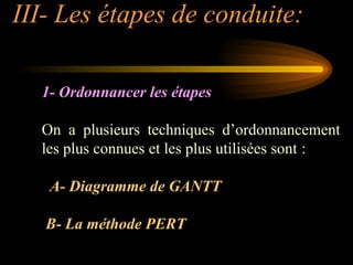 III- Les étapes de conduite:
1- Ordonnancer les étapes
On a plusieurs techniques d’ordonnancement
les plus connues et les plus utilisées sont :
A- Diagramme de GANTT
B- La méthode PERT
 