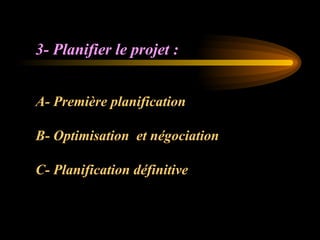 3- Planifier le projet :
A- Première planification
B- Optimisation et négociation
C- Planification définitive
 