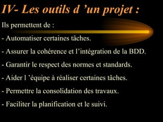 IV- Les outils d ’un projet :
Ils permettent de :
- Automatiser certaines tâches.
- Assurer la cohérence et l’intégration de la BDD.
- Garantir le respect des normes et standards.
- Aider l ’équipe à réaliser certaines tâches.
- Permettre la consolidation des travaux.
- Faciliter la planification et le suivi.
 
