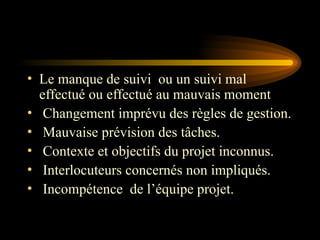 • Le manque de suivi ou un suivi mal
effectué ou effectué au mauvais moment
• Changement imprévu des règles de gestion.
• Mauvaise prévision des tâches.
• Contexte et objectifs du projet inconnus.
• Interlocuteurs concernés non impliqués.
• Incompétence de l’équipe projet.
 