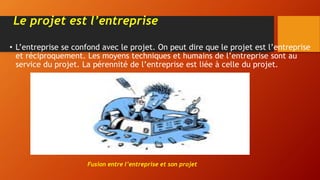 Le projet est l’entreprise
• L’entreprise se confond avec le projet. On peut dire que le projet est l’entreprise
et réciproquement. Les moyens techniques et humains de l’entreprise sont au
service du projet. La pérennité de l’entreprise est liée à celle du projet.
Fusion entre l’entreprise et son projet
 