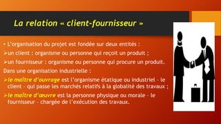 La relation « client-fournisseur »
• L’organisation du projet est fondée sur deux entités :
un client : organisme ou personne qui reçoit un produit ;
un fournisseur : organisme ou personne qui procure un produit.
Dans une organisation industrielle :
le maître d’ouvrage est l’organisme étatique ou industriel – le
client – qui passe les marchés relatifs à la globalité des travaux ;
le maître d’œuvre est la personne physique ou morale – le
fournisseur – chargée de l’exécution des travaux.
 