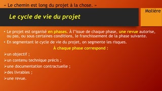 Le cycle de vie du projet
• Le projet est organisé en phases. À l’issue de chaque phase, une revue autorise,
ou pas, ou sous certaines conditions, le franchissement de la phase suivante.
• En segmentant le cycle de vie du projet, on segmente les risques.
À chaque phase correspond :
un objectif ;
un contenu technique précis ;
une documentation contractuelle ;
des livrables ;
une revue.
« Le chemin est long du projet à la chose. »
Molière
 