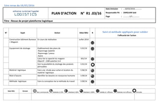 1ère revue du 10/03/2016
advance customer/supplier
LOGISTICS PLAN D’ACTION N° R1 .03/16
Date émission : ...10/03/2016.............
Responsable PA : ZARGUAN Said
Page : ………….1/1……………
Titre : Revue de projet plateforme logistique
N° Sujet Action Délai MAJ R Suivi et méthode appliquée pour valider
l’efficacité de l’action
Construction bâtiment Bureaux
+ Magasin
En cours de réalisation Juillet 2014
Equipement de stockage Etablissement des plans de
-Rayonnage /palette
-Rayonnage / pneus
-Autre
S 01/14
Calcul de la capacité du magasin
Objectif : 2280 palettes S+4
S01/14
Voir la possibilité du stockage des produits
périssables
S 01/14
Matériel logistique Faire une étude pour achat et location du
matériel logistique
S 06/14
Main d’œuvre Identifier les besoins en ressources humaine S 09/14
Méthode logistique Faire la conception de la méthode du travail S 09/14
Date MAJ Version
Non commencée Réalisée à 33% Réalisée à 66% Réalisée à 100% Validée et efficace Réalisée non efficace Annulée
 