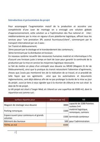 3
Introduction et présentation du projet
Pour accompagné l’augmentation massif de la production et accroitre une
compétitivité d’une Lean de montage on a envisagé une solution globale
d’approvisionnement, cette solution va a l’optimisation des flux national et inter-
méditerranéenne par la mise en vigueur d’une plateforme logistique, offrant tous les
services pour "une prestation 3PL avancé fournisseur/client", commençant par le
transport international par ses 3 axes :
1er Transit et dédouanement;
2éme passant par le stockage et le transbordement des conteneurs;
3éme terminant par la distribution et livraison.
Ce nouveau système recueillir des ressources humaines matériel et informatique à fin
d’assuré une livraison juste à temps en bort de Lean pour garantir la continuité de la
production par la mise en service les moyennes logistique nécessaire.
Le fait de mettre en place d’un entrepôt sous douane ou MEAD (Magasin Et Air de
Dédouanement), ainsi que la pratique du transit nécessitent l’obtention d’agréments,
choses que j’avais pas mentionné lors de la réalisation de ce travail, et ai procédé de
telle façon que ces agréments ainsi que les autorisations et documents
réglementaires, sont déjà obtenus afin de ne pas prolonger la durée de la mise au jour
du projet ; aussi je tiens à vous signaler que à la réunion de clôture je me suis situé la
date de fin de projet.
Le dit projet est situé à Tanger Med, et s’étend sur une superficie de 6500 m2, dont la
répartition est comme suit :
surface répartie pour distance par m2 NB
Magasin de stockage sous douane 3000
capacité de 2280 Palettes
rackées S+4
Parking remorques 1500
matériel logistique,
remorques, camions
Espace ouvert pour conteneurs et grands
volumes
1500 terminale conteneur
Bâtiment des bureaux 500 pour l'administration
TOTAL en m2 6500
 