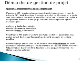 25
Quatrième: Intégrer la SDP au sein de l’organisation
L’approche SDP ( structure du découpage de projet), connue sous le nom de
méthode WBS (Work Breakdown Structure), procède à un découpage en activités
avec des entrées et des résultats identifiés ainsi qu’une responsabilité confiée à
une personne nommée, et ceci jusqu’au niveau de décomposition optimal
nécessaire pour :
maîtriser la durée d’une activité,
connaître les ressources requises,
connaître le coût d’une activité.
Une structure WBS (work breakdown structure), fondement essentiel de tout
projet, permet de découper l'ensemble du travail à accomplir en sections
gérables.
Un WBS de projet permet donc de décomposer celui-ci visuellement en unités
gérables et appréhendables par tous les membres de l'équipe, chaque niveau du
WBS permettant d'approfondir le détail des tâches jusqu'au niveau final : les
tâches concrètes à réaliser.
 