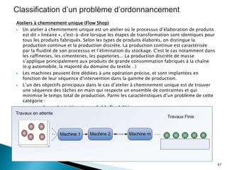 Ateliers à cheminement unique (Flow Shop)
 Un atelier à cheminement unique est un atelier où le processus d’élaboration de produits
est dit « linéaire », c'est-à-dire lorsque les étapes de transformation sont identiques pour
tous les produits fabriqués. Selon les types de produits élaborés, on distingue la
production continue et la production discrète. La production continue est caractérisée
par la fluidité de son processus et l’élimination du stockage. C'est le cas notamment dans
les raffineries, les cimenteries, les papeteries... La production discrète de masse
s’applique principalement aux produits de grande consommation fabriqués à la chaîne
(e.g automobile, la majorité du domaine du textile…)
 Les machines peuvent être dédiées à une opération précise, et sont implantées en
fonction de leur séquence d’intervention dans la gamme de production.
 L’un des objectifs principaux dans le cas d’atelier à cheminement unique est de trouver
une séquence des tâches en main qui respecte un ensemble de contraintes et qui
minimise le temps total de production. Parmi les caractéristiques d’un problème de cette
catégorie :
 une grande productivité mais une faible flexibilité.
67
 