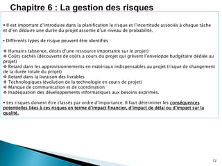 72
 Il est important d’introduire dans la planification le risque et l’incertitude associés à chaque tâche
et d’en déduire une durée du projet assortie d’un niveau de probabilité.
• Différents types de risque peuvent être identifiés :
 Humains (absence, décès d’une ressource importante sur le projet)
 Coûts cachés (découverte de coûts a cours du projet qui grèvent l’enveloppe budgétaire dédiée au
projet)
 Retard dans les approvisionnements en matériaux indispensables au projet (risque de changement
de la durée totale du projet)
 Retard dans la livraison des livrables
 Technologiques (évolution de la technologie en cours de projet)
 Manque de communication et de coordination
 Inadéquation des développements informatiques aux besoins exprimés.
 Les risques doivent être classés par ordre d’importance. Il faut déterminer les conséquences
potentielles liées à ces risques en terme d’impact financier, d’impact de délai ou d’impact sur la
qualité.
 