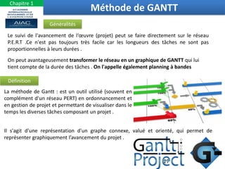 27
Méthode de GANTT
Chapitre 1
Le suivi de l'avancement de l‘œuvre (projet) peut se faire directement sur le réseau
P.E.R.T .Ce n'est pas toujours très facile car les longueurs des tâches ne sont pas
proportionnelles à leurs durées .
On peut avantageusement transformer le réseau en un graphique de GANTT qui lui
tient compte de la durée des tâches . On l'appelle également planning à bandes
La méthode de Gantt : est un outil utilisé (souvent en
complément d'un réseau PERT) en ordonnancement et
en gestion de projet et permettant de visualiser dans le
temps les diverses tâches composant un projet .
Il s'agit d'une représentation d'un graphe connexe, valué et orienté, qui permet de
représenter graphiquement l’avancement du projet .
Généralités
Définition
 