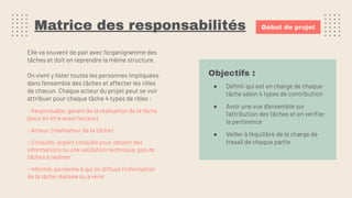 Matrice des responsabilités
Elle va souvent de pair avec l’organigramme des
tâches et doit en reprendre la même structure.
On vient y lister toutes les personnes impliquées
dans l’ensemble des tâches et affecter les rôles
de chacun. Chaque acteur du projet peut se voir
attribuer pour chaque tâche 4 types de rôles :
- Responsable, garant de la réalisation de la tâche
(peut en être aussi l’acteur)
- Acteur, (réalisateur de la tâche)
- Consulté, expert consulté pour obtenir des
informations ou une validation technique, pas de
tâches à réaliser
- Informé, personne à qui on diffuse l’information
de la tâche réalisée ou à venir
Début de projet
Objectifs :
● Déﬁnir qui est en charge de chaque
tâche selon 4 types de contribution
● Avoir une vue d’ensemble sur
l’attribution des tâches et en vériﬁer
la pertinence
● Veiller à l’équilibre de le charge de
travail de chaque partie
 