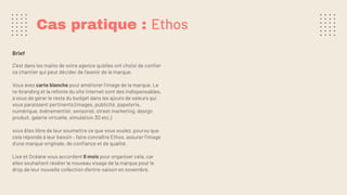 Brief
C’est dans les mains de votre agence qu’elles ont choisi de conﬁer
ce chantier qui peut décider de l’avenir de la marque.
Vous avez carte blanche pour améliorer l’image de la marque. Le
re-branding et la refonte du site internet sont des indispensables,
à vous de gérer le reste du budget dans les ajouts de valeurs qui
vous paraissent pertinents (images, publicité, papeterie,
numérique, événementiel, sensoriel, street marketing, design
produit, galerie virtuelle, simulation 3D etc.)
vous êtes libre de leur soumettre ce que vous voulez, pourvu que
cela réponde à leur besoin : faire connaître Ethos, assurer l’image
d’une marque originale, de conﬁance et de qualité.
Lise et Océane vous accordent 6 mois pour organiser cela, car
elles souhaitent révéler le nouveau visage de la marque pour le
drop de leur nouvelle collection d’entre-saison en novembre.
Cas pratique : Ethos
 