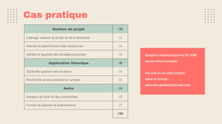 Cas pratique
Gestion du projet /10
Cadrage, exposé du projet et de la demande /4
Gestion et planiﬁcation des ressources /4
Variété et qualités des livrables proposés /2
Application théorique /6
Outils des gestion mis en place /4
Recherche et documentation annexe /2
Autre /4
Respect du brief et des contraintes /3
Format du dossier et présentation /1
/20
Dossier à rendre le pour le 22 JUIN,
aucun retard accepté
Par mail ou en main propre
selon le format :
athenais.gamba@hotmail.com
 