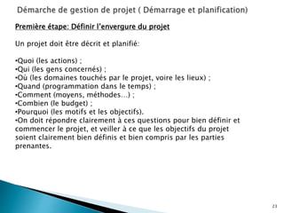 23
Première étape: Définir l’envergure du projet
Un projet doit être décrit et planifié:
•Quoi (les actions) ;
•Qui (les gens concernés) ;
•Où (les domaines touchés par le projet, voire les lieux) ;
•Quand (programmation dans le temps) ;
•Comment (moyens, méthodes…) ;
•Combien (le budget) ;
•Pourquoi (les motifs et les objectifs).
•On doit répondre clairement à ces questions pour bien définir et
commencer le projet, et veiller à ce que les objectifs du projet
soient clairement bien définis et bien compris par les parties
prenantes.
 