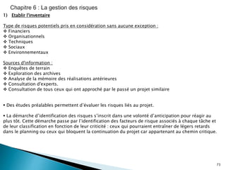 73
1) Etablir l'inventaire
Type de risques potentiels pris en considération sans aucune exception :
 Financiers
 Organisationnels
 Techniques
 Sociaux
 Environnementaux
Sources d'information :
 Enquêtes de terrain
 Exploration des archives
 Analyse de la mémoire des réalisations antérieures
 Consultation d'experts.
 Consultation de tous ceux qui ont approché par le passé un projet similaire
 Des études préalables permettent d’évaluer les risques liés au projet.
 La démarche d’identification des risques s’inscrit dans une volonté d’anticipation pour réagir au
plus tôt. Cette démarche passe par l’identification des facteurs de risque associés à chaque tâche et
de leur classification en fonction de leur criticité : ceux qui pourraient entraîner de légers retards
dans le planning ou ceux qui bloquent la continuation du projet car appartenant au chemin critique.
 