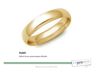 Etablir
Définir Scrum comme option officielle.




                      GDP avec Scrum │ © Pierre E. Neis   122
 