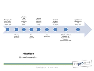 „The New
                                New                  „Wicked
„Managing the                  Product              Problems,                 „Borland                        „Agile Software
 New Product                  Developm              Righteous                Software                          Development
 Development                     ent                Solutions“               Craftmans                              with
 Process“1984                  Game“                   1990                  hip“1994                          Scrum“2001




                 Moving                    The                      First                 „SCRUM: A Pattern
                the Scrum                 Scrum                  Scrum1993                   Language for
                Downfield                Approach                                          Hyperproductive
                                                                                               Software
                                                                                         Developement“1999




                                Historique
                            Un rappel contextuel….




                                                    GDP avec Scrum │ © Pierre E. Neis                                           15
 